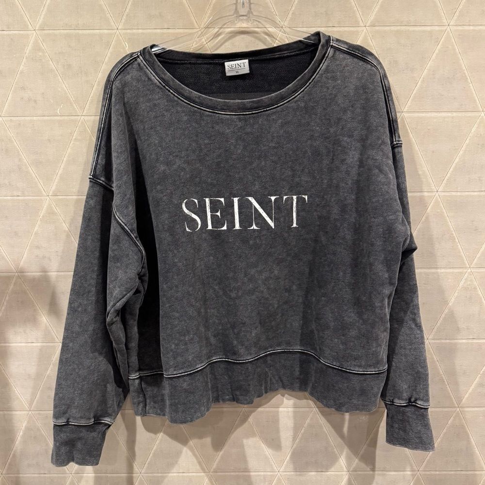 Seint Womens Cropped Distressed Crewneck Sweatshirt Sz-XLarge Acid Wash Charcoal